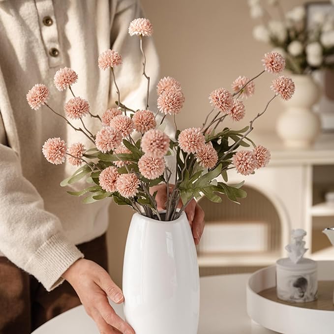 Faux White & Pink Kiku Flower, 10 Stems with 5 Heads Each & 4 Branches Eucalyptus Stems, Artificial Small Mini Chrysanthemum Flowers for Aesthetic Room Decor, Floral Arrangements Centerpiece-Ruum Studio Home
