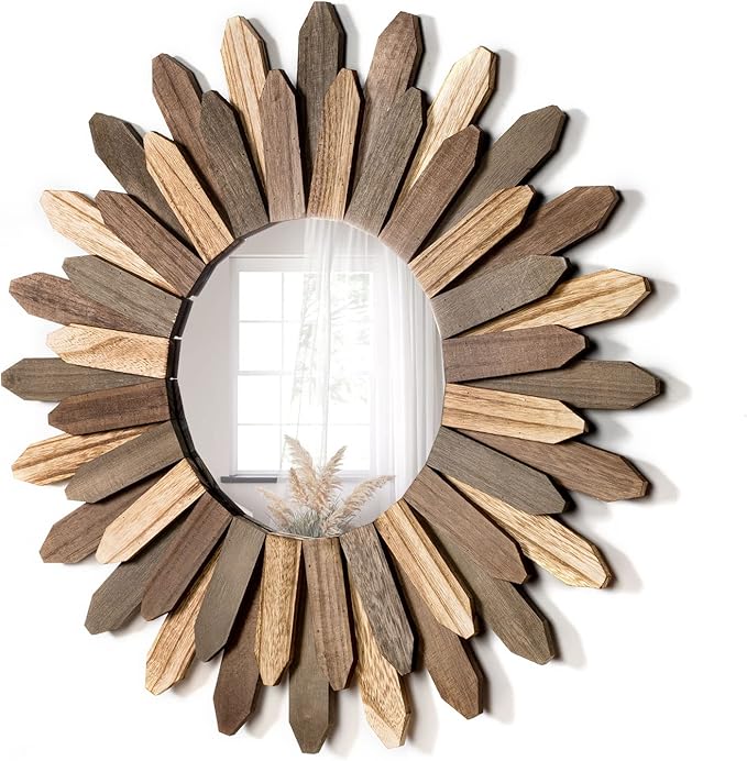 Honiway Boho Wall Decor 21 inch Wall Mirror Rustic Wood Decorative Mirror for Room Decor Rustic Home Decor Farmhouse Wall Decor at Living Room Bedroom Bathroom Hallway Trilcolor-Ruum Studio Home