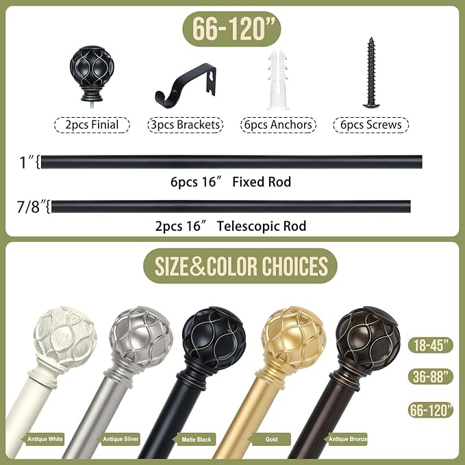 Black Adjustable Curtain Rods for Windows:66-120" Farmhouse Heavy Duty Curtain Rod for Bedroom Living Room,Boho Decorative Rustic Drapery Rods with Vintage Coastal Texture Finial,Matte Black-Ruum Studio Home