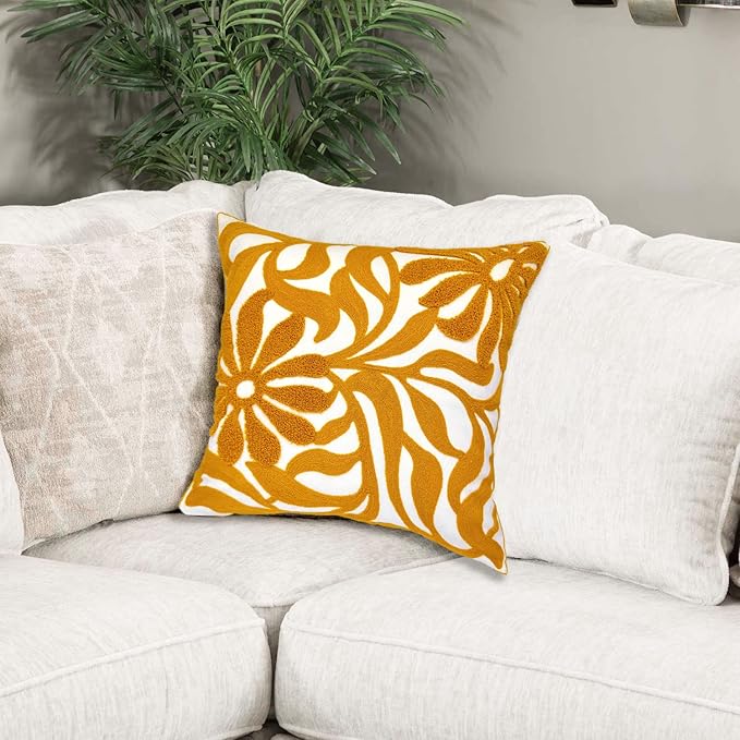Alysheer Farmhouse Floral Leaves Embroidered Decorative Throw Pillow Cover 18x18 inches, Boho Tufted Flowers Embroidery Pattern Chic Cotton Cushion Case for Couch Bed Sofa Living Room(Mustard Yellow)-Ruum Studio Home