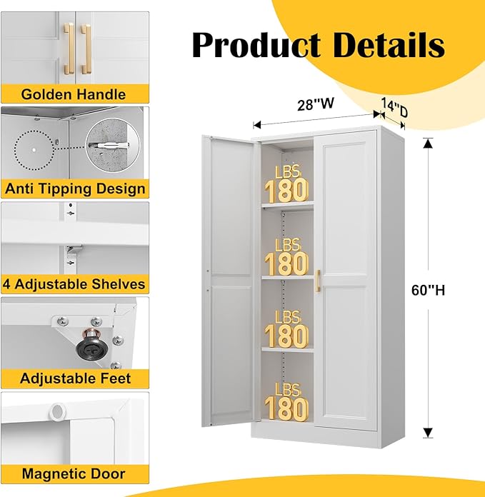 Kitchen Cabinet Storage,60”Metal Pantry Cabinet with Doors and 3 Adjustable Shelves,Food Pantry Cabinets with 2 Gold Handles,White Tall Storage Cabinet for Livingroom,Pantry,Bathroom,Kitchen-Ruum Studio Home
