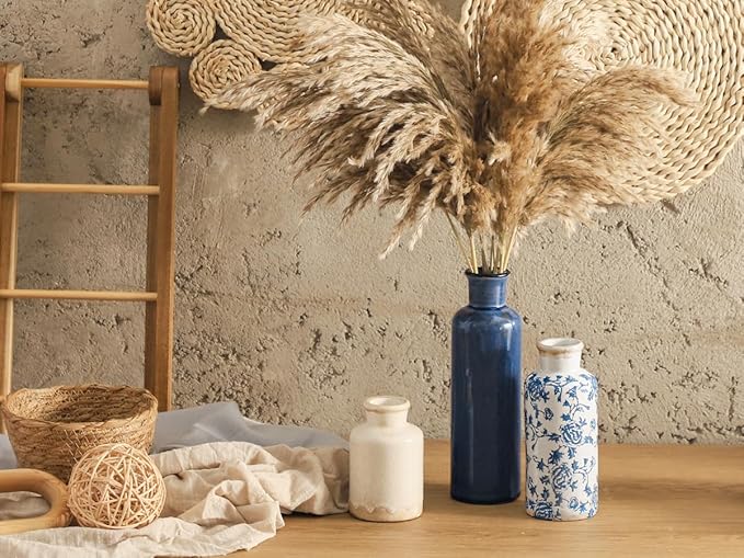 Ceramic Vintage Vases Set of 3, Blue and White Flower Decorative Vase Chinoiserie Decor Rustic Farmhouse Retro Floral Vases for Table Bookshelf Mantel Kitchen Living Room Office-Ruum Studio Home