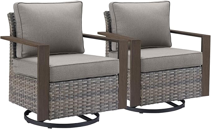 Outdoor Patio Swivel Rocker Chairs - Wicker Rattan Patio Swivel Rocking Chairs Set of 2 with Metal Wide Armrest, Thick Cushions and Deep Seating for Deck Porch Sunroom Garden(Mixed Grey/Grey)-Ruum Studio Home