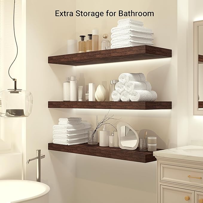 Heimlove 24 x 12 Inch Deep Floating Shelves Wall Mounted with Invisible Brackets,Storage Hanging Shelf for Wall Decor in Bathroom, Bedroom, Kitchen, Living Room, Office Set of 1 (Rustic Brown)-Ruum Studio Home