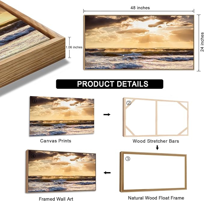 Framed Sunset Ocean Wall Art - Canvas Wall Decor Glow Sea Scene Nature Landscape Prints Sunset Over the Ocean Painting Artwork Living Room Bedroom Office Home 24" x 48"-Ruum Studio Home