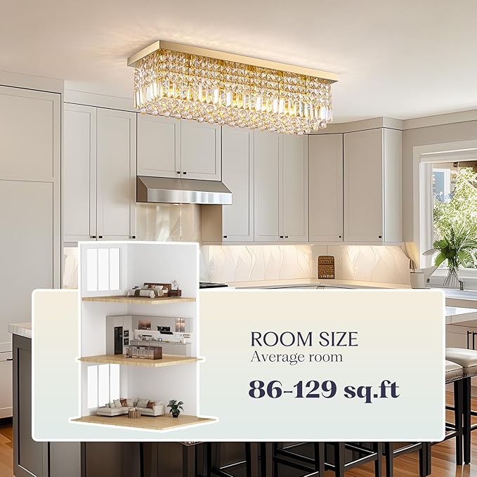 Modern Crystal Chandelier, 6 Lights Luxury Gold Rectangular Flush Mount Ceiling Light, Dining Room Light Fixture, Rectangle K9 Crystal Raindrop Chandelier for Living Room Bedroom L31.5 Inch-Ruum Studio Home