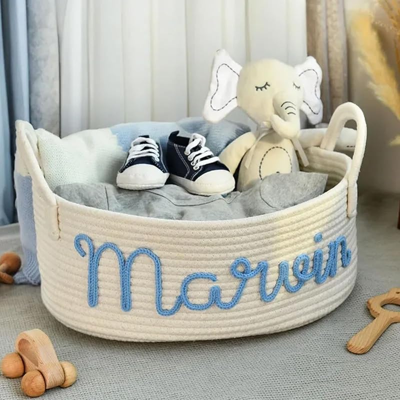 Personalized Baby Name Basket, Custom Woven Baby Shower Gift Basket with Cotton Rope Handle Baby Diaper Nursery Shelf Storage Basket Bin for Kids' Bedroom (Style 4)-Ruum Studio Home