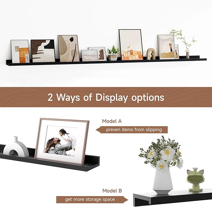 Floating Picture Ledge Shelves for Wall Set of 2, 72 Inches Picture Ledge Shelf with Long Large Nursery Book Shelf for Toys Storage Kids Bookshelf Wall Mounted Living Room Bedroom Decor Frames, Black-Ruum Studio Home
