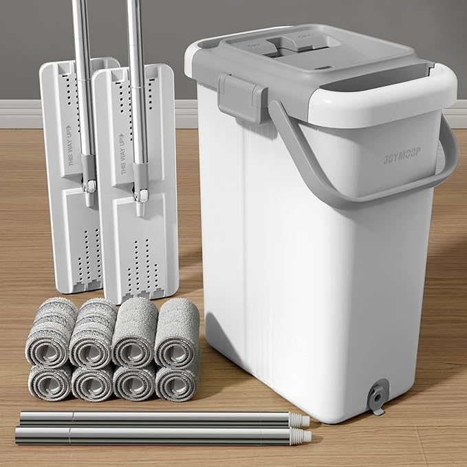JOYMOOP Mop and Bucket with Wringer Set for Floor Cleaning and Wall Cleaner, Flat Mop and Bucket System Set with 2 Mops and 8 Large Microfiber Pads - White-Ruum Studio Home