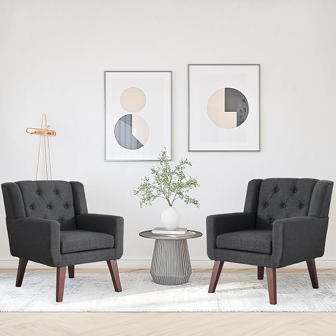Accent Chair Button-Tufted Upholstered Living Room Chairs Comfy Reading Chair Mid Century Modern Chair with Linen Fabric Lounge Arm Chairs for Living Room Bedroom (Dark Grey)-Ruum Studio Home