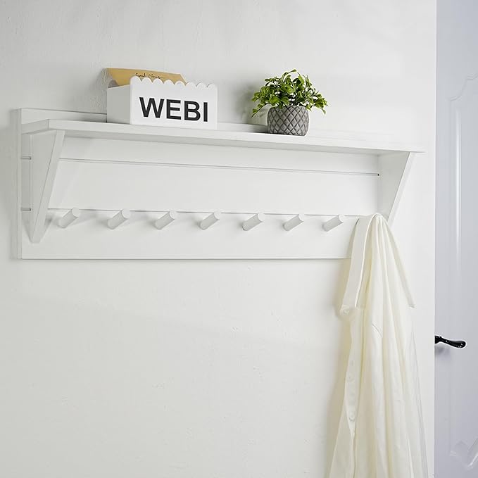 WEBI Coat Rack Wall Mount with Shelf,8 Peg Hooks,34" Long Entryway Wall Shelf with Hooks Underneath for Hanging Coats,Caps,Jacket,Clothes,White-Ruum Studio Home
