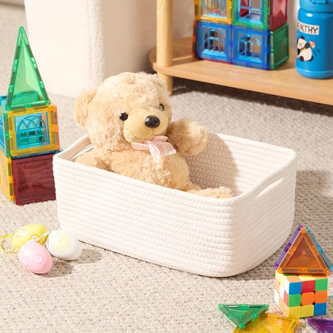 Small Storage Baskets for Organizing | Closet Organizer Bins | Shelf Toy Basket | Woven Rope Baskets | Cube Decorative Box | Shallow Basket | 13x8.5x5.1” | 3 Packs Off White-Ruum Studio Home