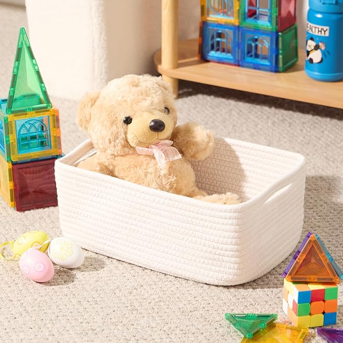 Small Storage Baskets for Organizing | Closet Organizer Bins | Shelf Toy Basket | Woven Rope Baskets | Cube Decorative Box | Shallow Basket | 13x8.5x5.1” | 4 Packs Off White-Ruum Studio Home