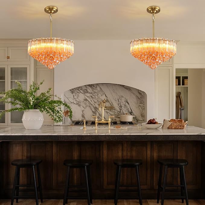 Modern Amber Glass Chandelier, 14" Round Crystal Dining Room Pendant Light Chandelier, Luxury Brass Hanging Fixture for Bedroom, Gold Kitchen Island Light, Dimmable Small Ceiling Lighting Chandeliers-Ruum Studio Home