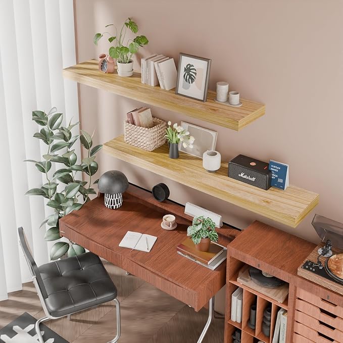 IAE Floating Wall Shelves 55 inch,Bathroom Shelves Wall Mounted,Invisible Shelves Floating Kitchen Shelves,Wooden Wall Shelves with Brackets for Living Room Wall Mounted,Easy Install,Set of 2,Natural-Ruum Studio Home