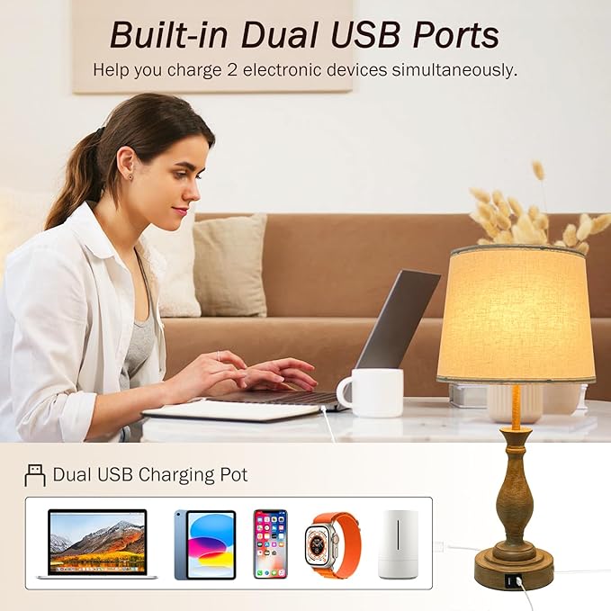 Farmhouse Table Lamp Touch Control 3-Way Dimmable Table Lamp, Modern Nightstand Lamp with 2 USB Port Bedside Desk Lamp with Fabric Shade for Living Room (Pack 1-Beige Shade & Touch)-Ruum Studio Home