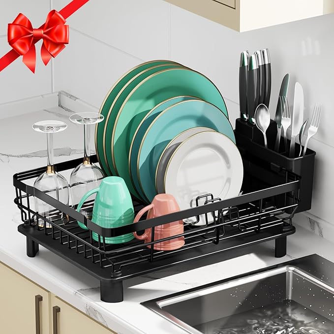 MOUKABAL Dish Drying Rack, Dish Rack, Stainless Steel Dish Racks for Kitchen Counter, Dish Drainer with Removable Utensil Holder, Drainboard (Black)-Ruum Studio Home