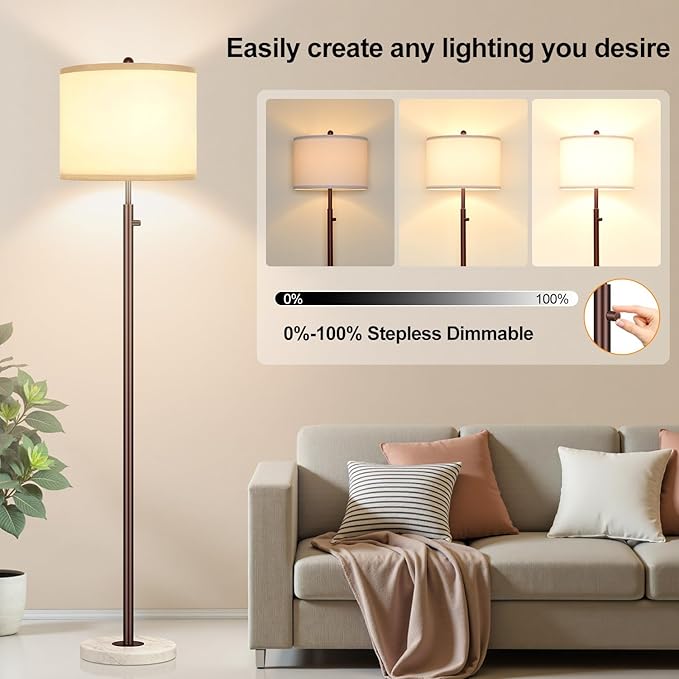 Nintiue 【Upgraded】 Dimmable Floor Lamp for Living Room, 11W LED Bulb Included, Modern Standing Lamp with Marble Base, Tall Pole Light with Linen Shade for Bedroom Reading Office Corner Nursery-Brown-Ruum Studio Home