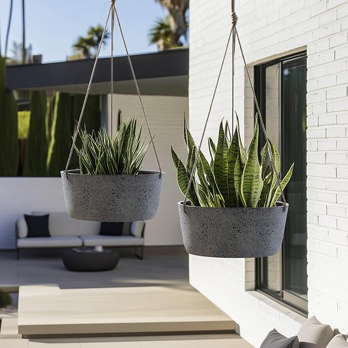 La Jolie Maison Large Hanging Planters - 12 Inch Outdoor Flower Pots, Rock Gray Hanging Garden Planters Set of 2-Ruum Studio Home