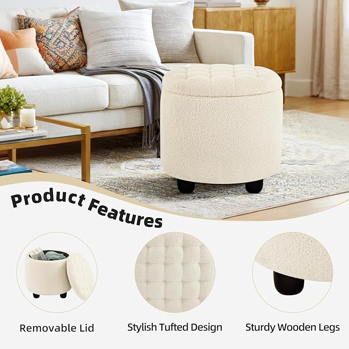 Furniliving Modern Round Storage Ottoman,Button Tufted Ottoman Foot Stools Ottoman Footstool with Removable Lid Storage Ottomans for Living Room, Bedroom, Makeup Room，Sherpa, IvoryWhite-Ruum Studio Home