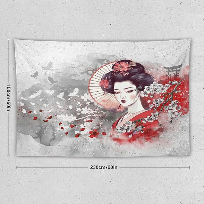 Japanese Geisha Tapestry Asian Red Cherry Blossom Traditional Kimono Folk Tapestries Home Decor for Living Room Bedroom Apartment Farmhouse Dorm 90"x60"-Ruum Studio Home