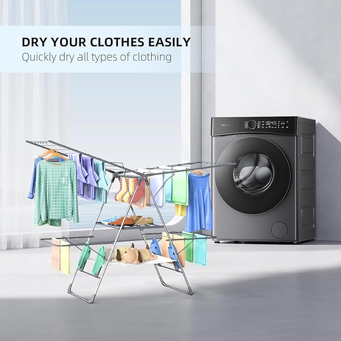 Clothes Drying Rack, Foldable 2-Level Laundry Racks for Drying Clothes Rack,Stainless Steel Drying Rack Clothing Collapsible for Indoor Outdoor,with Height-Adjustable Wings,33 Drying Rails,Gray-Ruum Studio Home