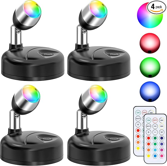 Wireless RGBW Spot Lights Indoor Decor, 4 Pack Floor Uplighting Indoor, 13 Color Changing Tree Light, Picture Light with Remote and Timer, Accent Lights for Plant Christmas Holiday Party-Ruum Studio Home