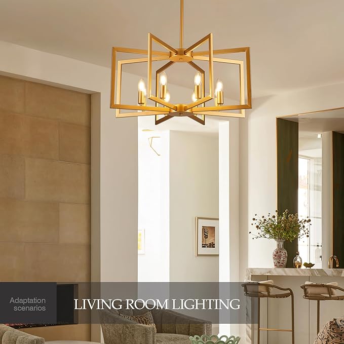 Modern Farmhouse Gold Chandeliers for Dining Room, 8-Light Industrial Metal Chandeliers Geometric Pendant Lights Kitchen Island for Entryway Stairway Foyer Hallway-Ruum Studio Home