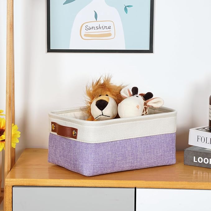DULLEMELO Small Storage Baskets 6 Pack, Fabric Collapsible Gift Storage Baskets for Shelves, Closets, Nursery, Home, Office Organizing,Small Canvas Linen Rectangular Storage Bins (White&Purple)-Ruum Studio Home