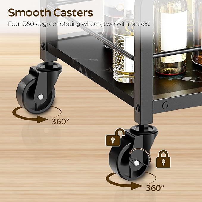 Bar Cart, Bar Cart for The Home, Small Bar Cart on Wheels, Beverage Cart, Home Bar Serving Cart with Glass Holder, Drink Cart for Bar, Kitchen, Dining, Marble Black and Black BC03BM-Ruum Studio Home