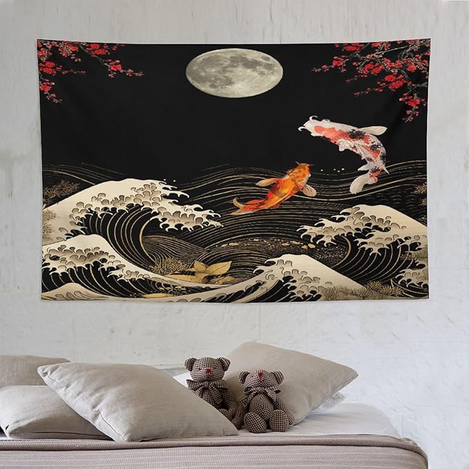 Houselerax Koi Fish Tapestry, Japanese Style Yin Yang Big Wave Cherry Blossom Tapestries Wall Hanging for Bedroom Living Room Office Decor 90"x60"-Ruum Studio Home