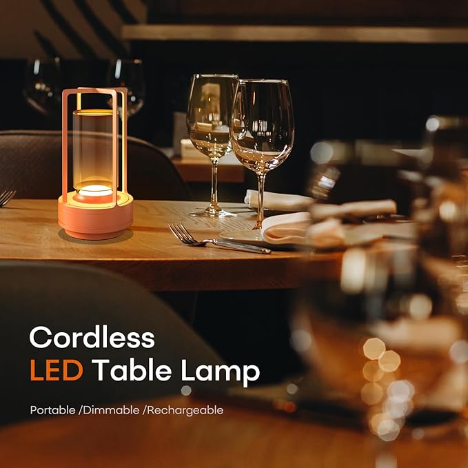 Portable Metal Table Lamp for Indoor/Outdoor ,Rechargeable Cordless LED Lamp, 3-Colour Infinitely Dimming Battery Powered Small Desk Lamp, Restaurant/Bedroom/Bar/Coffee/Camping Light (Orange set of 2)-Ruum Studio Home