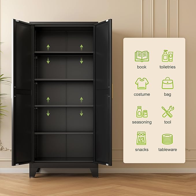 71'' Farmhouse Metal Storage Cabinet with Barn Doors,Steel File Cabinet for Home Office,Kitchen Pantry 4 Adjustable Shelves,Freestanding Cupboard for Kitchen,Home Office (Black)-Ruum Studio Home