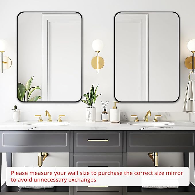 Fabuday Black Bathroom Mirror for Over Sink - 20x28 Rounded Rectangle Wall Mirror, Matte Metal Framed Vanity Rectangular Mirrors for Bedroom, Living Room, Entryway Decor, Horizontally/Vertically-Ruum Studio Home