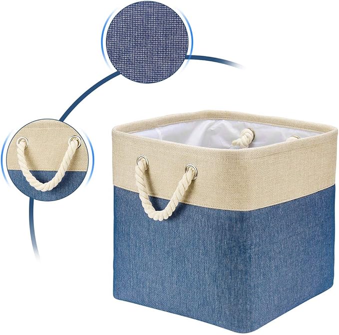 i BKGOO 3Pack Large Foldable Storage Bins，Collapsible Sturdy Cationic Fabric Organizing Storage Basket Cube with Cotton Handles for Home Office Shelf Clothes Toys Khaki-Blue 13×13×13 inch-Ruum Studio Home