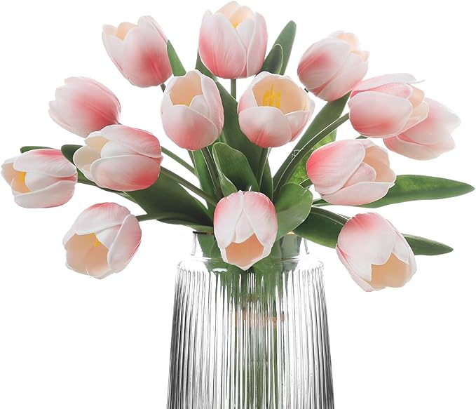 Light Pink Artificial Tulips, 2 Bundles 14Pcs, Fake Tulips Artificial Flowers, 2 x 2.4 Inch Large Flower Head Big Tulip, Easter Valentine's Day Mother's Day Home Decoration Flowers-Ruum Studio Home