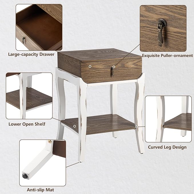 COSIEST Rustic Nightstand, 2-Tier Farmhouse Bedside Table, Wood Accent End Table with Storage Drawer and Open Display Shelf for Bedroom Nursery Living Room(Walnut)-Ruum Studio Home