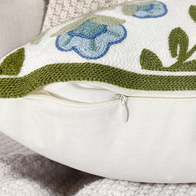 Alysheer Floral Embroidered Summer Decorative Throw Pillow Covers 20"x 20" Set of 2, Farmhouse Cottage Blue Flowers Green Leaves Knit Pattern Cotton Canvas Cushion Case for Couch Bed Living Room-Ruum Studio Home