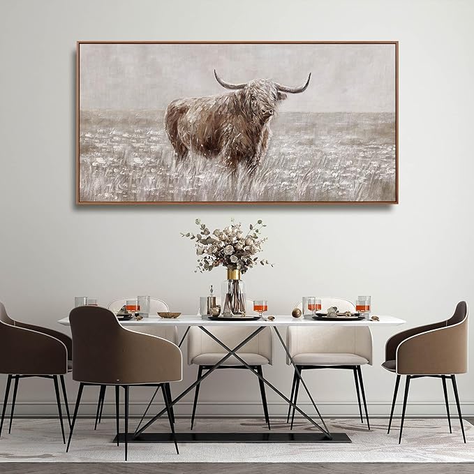 MLART99 Vintage Brown Highland Cow Painting Farmhouse Wall Art with Frame Country Decor Animal Poster for Living Room Bedroom Decor Ready to Hang 24x48-Ruum Studio Home