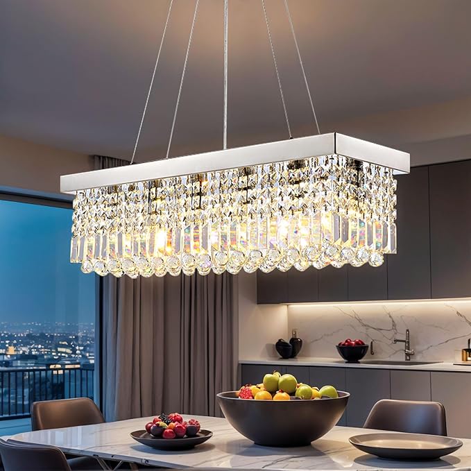 Modern Rectangular Crystal Chandeliers,8 Lights Rectangular Pendant Light Fixture,Adjustable Height K9 Crystal Chandelier for Dining Room L40''xW10''xH10''-Ruum Studio Home