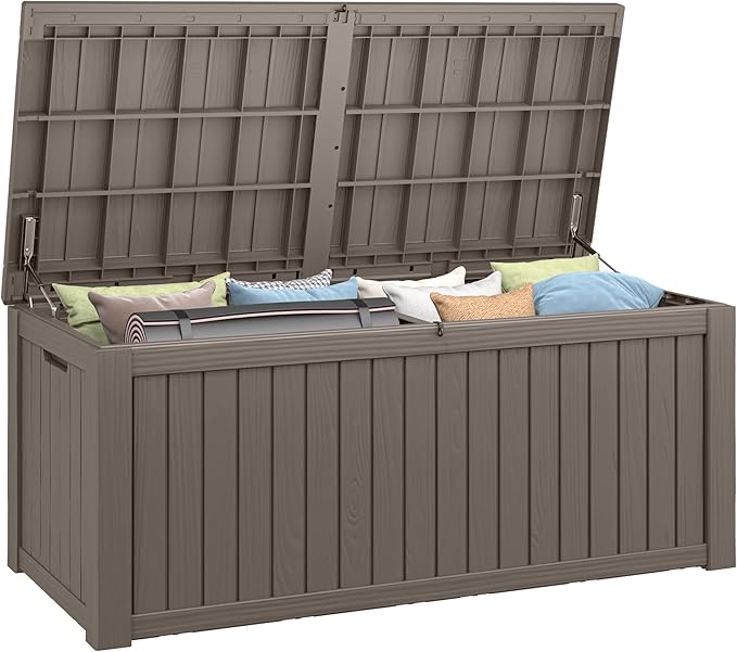 150 Gallon Resin Deck Box, Large Indoor and Outdoor Storage Box, Weatherproof and UV Resistant Outdoor Storage Box with Built-in Steel Beams for Patio, Cushions, Pool Supplies-Ruum Studio Home
