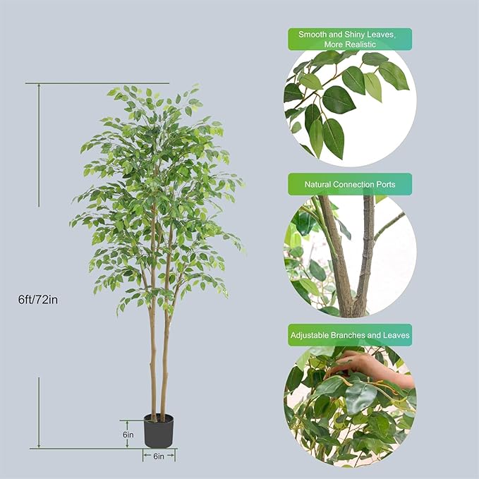 Tall UV Resistant Ficus Tree Artificial，6ft(72in) Faux Ficus Tree with Realistic Smooth and Shiny Leaves， Fake Trees Indoor Outdoor for Home Office Living Room Bedroom Foyer Porch Decor.-Ruum Studio Home