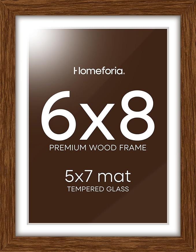 Homeforia 6x8 Picture Frame Brown Wood, High End Dark Oak 6x8 Walnut Wooden Frames with Mat 5x7 Photo, 6 x 8 Frame Matted to 5 x 7 Print, 8x6 Wall or Tabletop Frame, Tempered Glass, Wall Kit, Set of 1-Ruum Studio Home