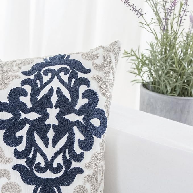 HWY 50 Navy Blue Decorative Throw Pillow Covers 18x18 Inch, Pack of 2 Embroidered Cotton Farmhouse Cushion Cover Pillow Case for Sofa Couch Living Room Bed Bedroon, Accent Geometric-Ruum Studio Home