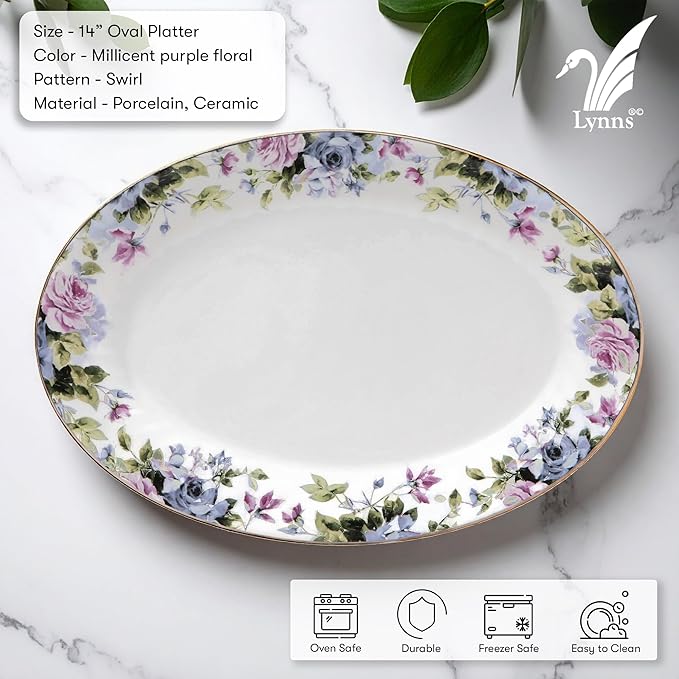 Lynns Paradise Millicent 14-Inch Oval Platter, Set of 2, Purple; Heavy Duty; Chip Resistant; Lead and Cadmium Free; Freezer to Oven Safe up to 500°F-Ruum Studio Home