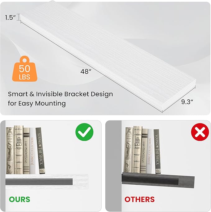 Floating Shelves for Wall,48" W x 9.3" D x 1.5" H, Wooden Wall Mounted Display Shelves with Invisible Brackets for Living Room, Bedroom, Bathroom, Kitchen Decor and Storage, Set of 1, White-Ruum Studio Home
