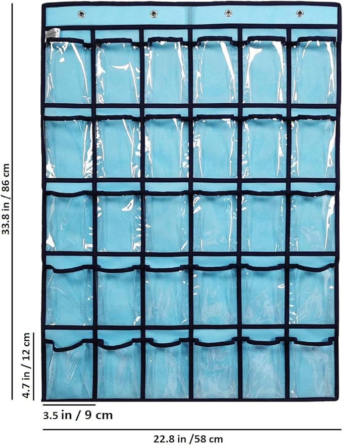 Classroom Pocket Chart for Phone Calculator Holder Over The Door Hanging Closet Jewelry Organizer with 30 Clear Pockets (Blue)-Ruum Studio Home