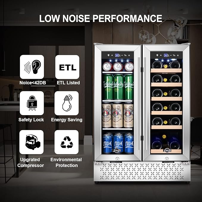 Tylza Wine and Beverage Refrigerator 24 Inch Dual Zone, French Door Wine and Beverage Cooler 24'' Built-In or Freestanding Drink Fridge, Under Counter Beer Refrigerator-Ruum Studio Home