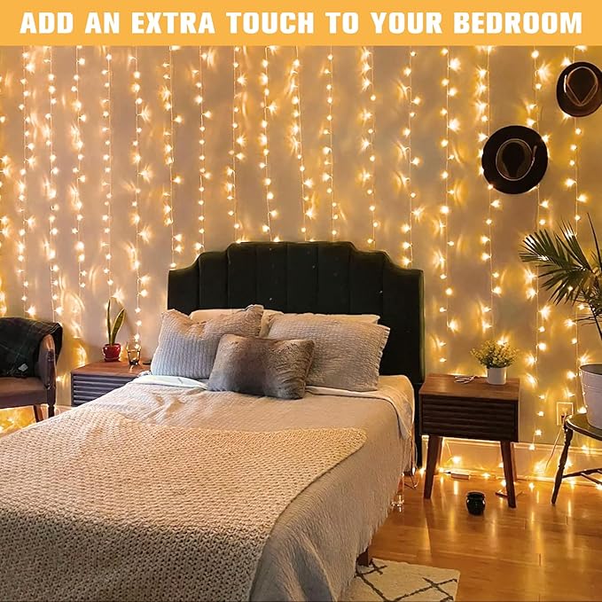JMEXSUSS 600 LED Christmas Curtain Lights Outdoor, 9.5x19.6ft Christmas String Light Plug in with Remote, 8 Modes Wall Hanging Lights for Bedroom Party Backdrop Wedding Xmas Decor, Warm White-Ruum Studio Home