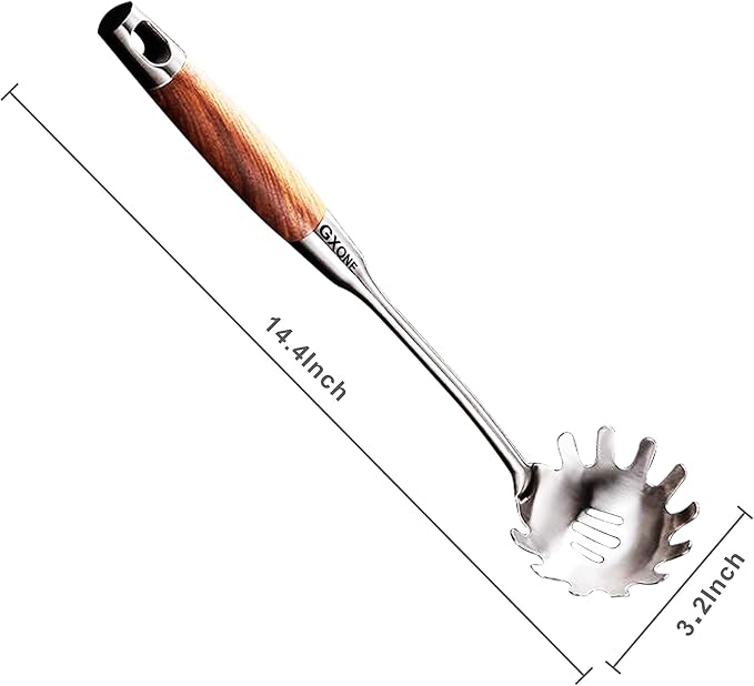 Spaghetti Spoon,304 Stainless Steel Pasta Spoon with Heat Resistant Wooden Handle,Silver/14.2Inch-Ruum Studio Home
